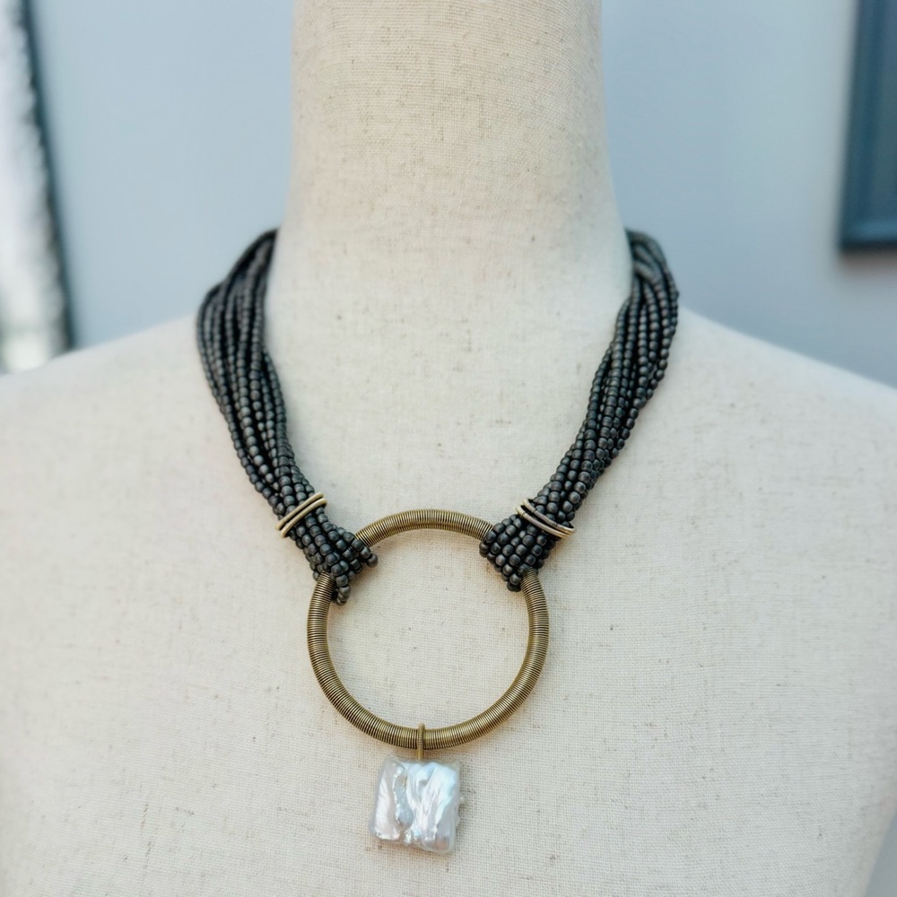 Vintage Hematite Beaded Statement Necklace with Baroque Pearl Pendant